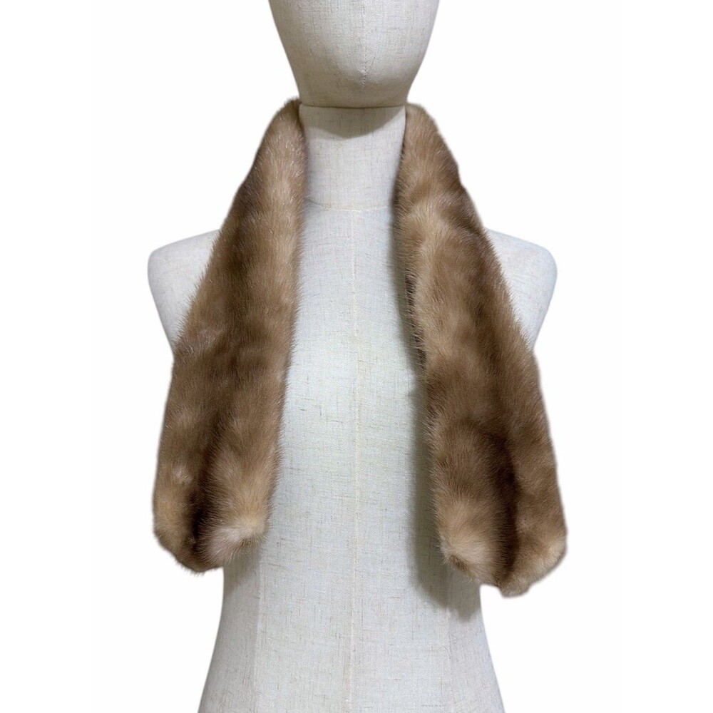 Vintage Genuine Solid Mink Fur Collar Clip On 36" Length Tan Velvet Lining Glam